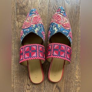 Beautiful beaded, floral print mules